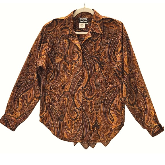 Vtg Edena Pour Le Roy Sz6 Brown Silk Gold Paisley Print Blouse Shirt & Scarf 424 - Picture 2 of 8